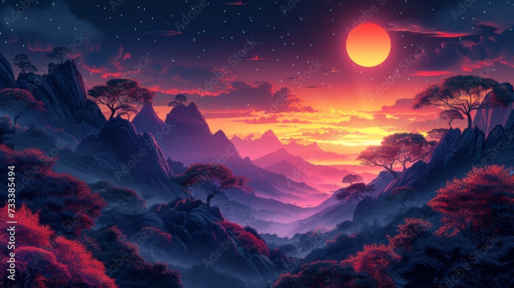 Surreal nightscape with a glowing red moon illuminating sand dunes and rugged peaks