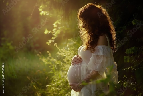 pregnant belly  woman with white skin and  curly hair  outside in nature 