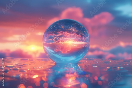 Large glass orb reflecting a captivating sunset amidst a sea of clouds, creating a dreamlike atmosphere photo