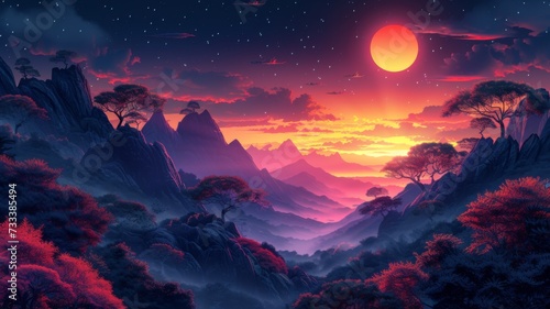 Surreal nightscape with a glowing red moon illuminating sand dunes and rugged peaks