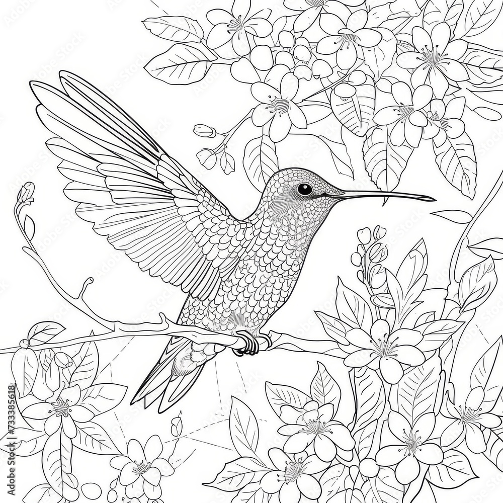 A hummingbird bird in flowers. A black and white coloring book. coloring pages for children.