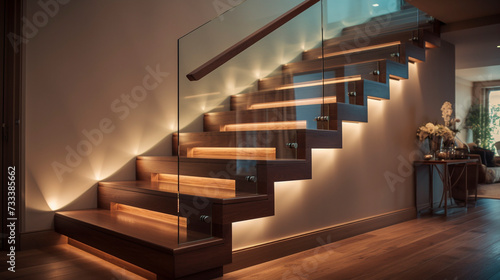 An elegant wooden staircase with glass sides, LED lighting under the handrails providing a subtle glow in a stylish, urban home.