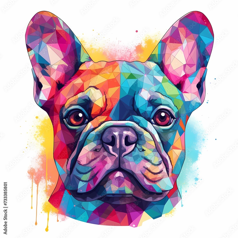 Vibrant Geometric Polygonal French Bulldog Portrait with Watercolor Splash