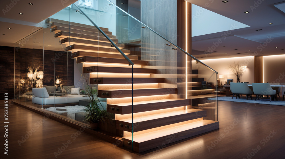 Obraz premium An elegant wooden staircase with glass sides, featuring soft LED lighting under the handrails, enhancing a contemporary living space.