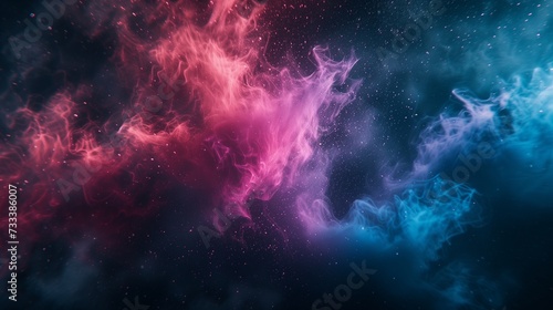 Vivid splashes of electric magenta and cosmic teal converging in fluid motion, forming a vivid and captivating abstract expression on a backdrop of rich cosmic black.  photo