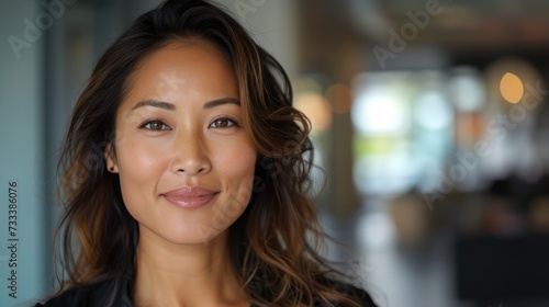 Serene Asian businesswoman with a subtle smile in a corporate environment Generative AI
