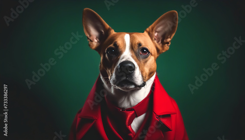 Portrait of a dog. Dog in red clothes on a smooth green background. Selective focus. AI generated © Alex Puhovoy