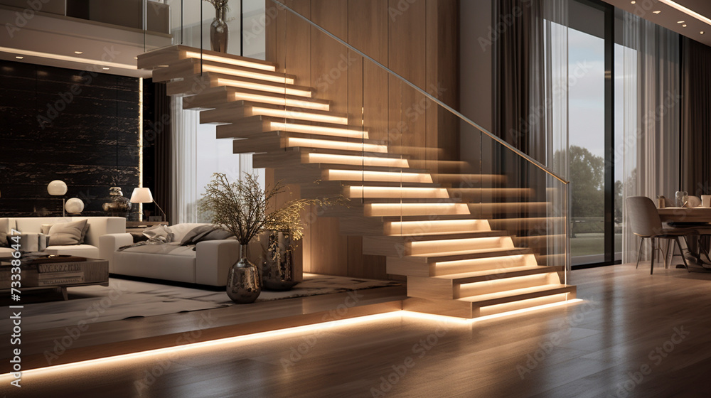 Fototapeta premium An inviting light ash staircase with sleek glass railings, discreet LED lighting under the handrails enhancing the elegance of a chic residence.