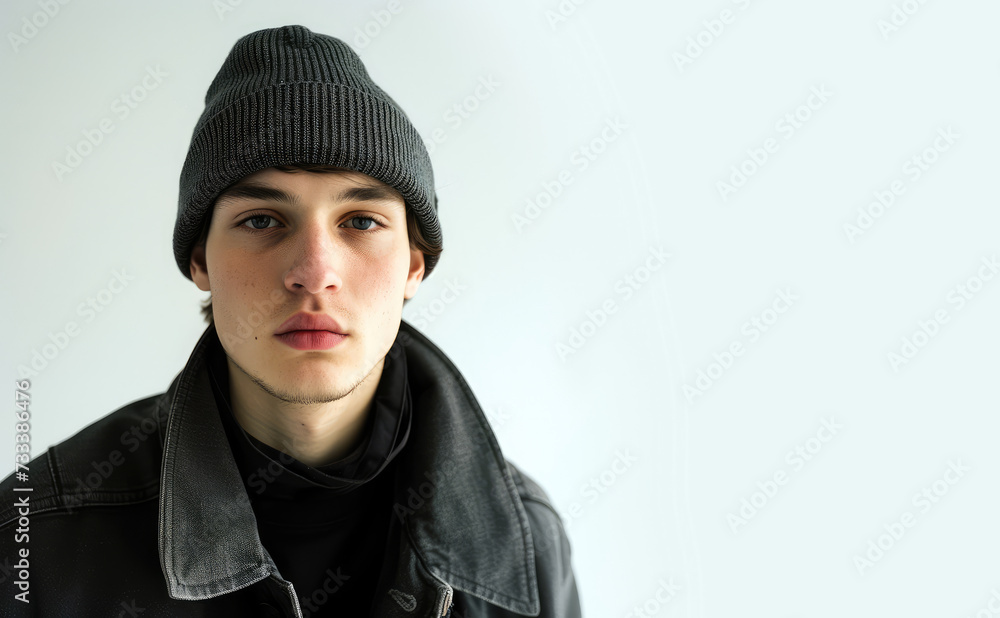 Portrait of a young man with black jacket and berret on a white background. Copy space for text, advertising
Portrait of a young man with black jacket and berret on a white background. Copy space for text, advertising