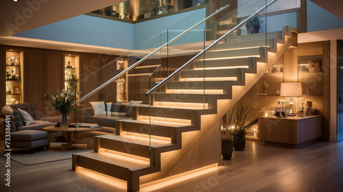 An inviting light ash wood staircase with transparent glass balustrades, subtly lit by LED lighting under the handrails, in a bright, contemporary home.