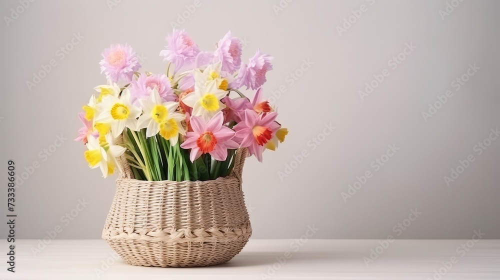 background, beige, pastel, beautiful, march 8, easter, spring, basket, flowers, composition, floral, daffodils, yellow. neutral background, bouquet, congratulations, gift, mother's day, bright, flower