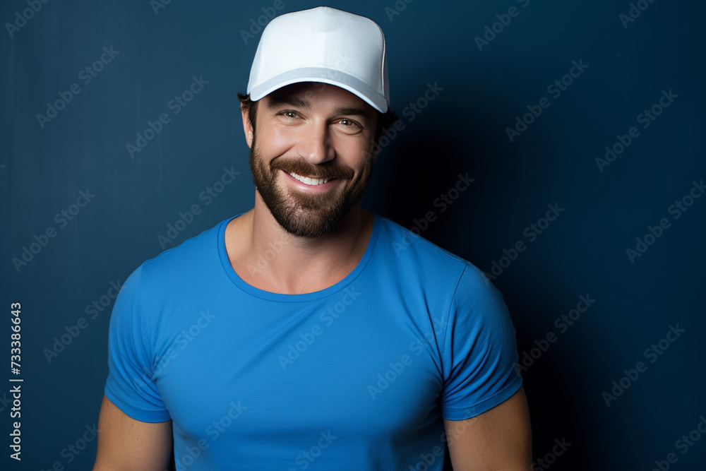 Handsome smiling muscular bearded man wearing a cap poses for the camera on a vibrant blue backdrop