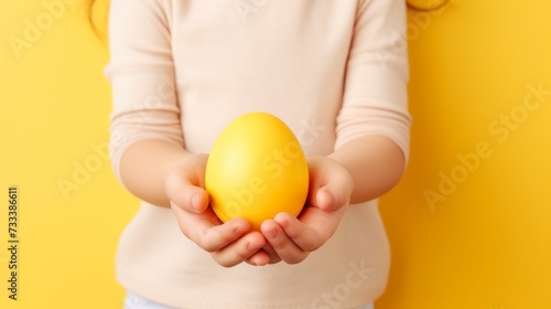 children's hands holding a yellow Easter egg on a yellow background, copy space