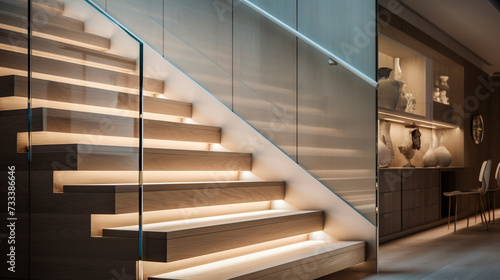 An inviting light ash wood staircase with transparent glass balustrades, subtly lit by LED lighting under the handrails, in a bright, contemporary home.