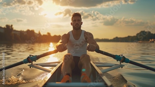 The image captures a focused man with a beard, wearing a white tank top, as he rows a sculling boat with determination across a calm river. The warm glow of the setting sun casts shimmering reflection © StasySin