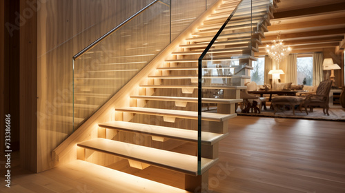 An inviting light birch wood staircase with transparent glass railings  subtly illuminated by LED lighting under the handrails  in a luminous  open home.