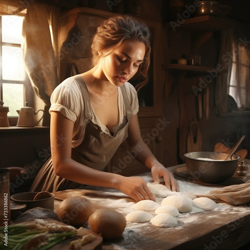 A beautiful woman kneads dough on a wooden table surrounded by fresh ingredients in a warmly lit country kitchen. Generative AI.