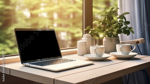Work wooden desk with laptop, coffee cups and houseplant  in front of window with landcape and morning sunlight. © Kufotos