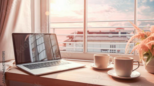 Work desk with laptop  coffee cups and vase in front of window with cityscape and morning sunlight.