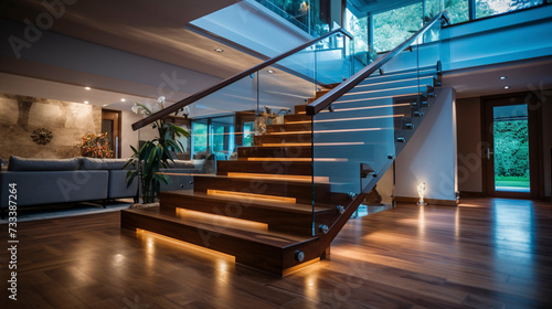 An upscale wooden staircase with glass railings, LED lighting underneath the handrails adding elegance in a modern, spacious home.