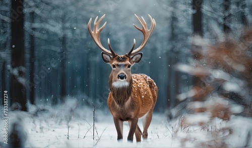 Beautiful deer in winter standing in the forest © Xabi
