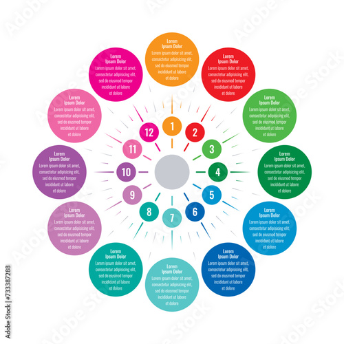 colorful circles infographic template. Infographic template for industry, science, education, business, printing, technology world. twelve step information template