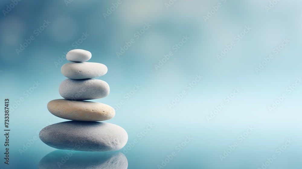 Zen Stone Stack on a Serene Blue Gradient Background. Balance and Harmony Concept. Stones symbolising peace and calm energy. Zen Stone Stack on a Serene Blue Gradient Background. Balance and Harmony Concept. Stones symbolising peace and calm energy.