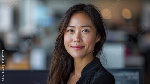 Portrait of Asian businesswoman with a gentle smile in a professional office setting Generative AI