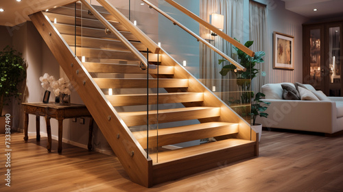 An upscale wooden staircase with glass railings, LED lighting underneath the handrails adding elegance in a modern, spacious home.