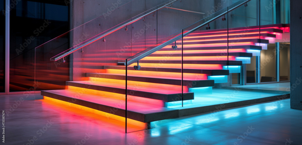 An urban concrete staircase with polished steps and dynamic under-step lighting in bold colors.