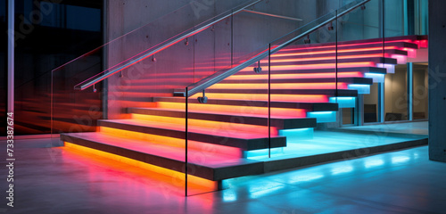 An urban concrete staircase with polished steps and dynamic under-step lighting in bold colors.