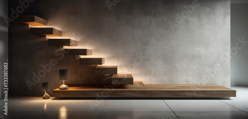 Cantilevered concrete steps with wooden tops, each featuring a discreet light underneath in a contemporary space.