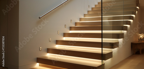 Contemporary oak stairs with recessed lighting under each tread, illuminating the staircase in a chic, modern home.