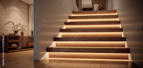 Contemporary oak stairs with recessed lighting under each tread, illuminating the staircase in a chic, modern home.
