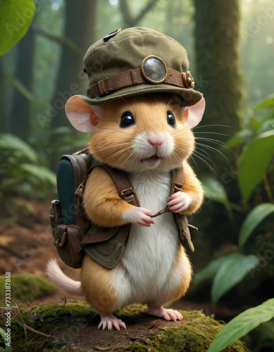 Mini Explorer Magic: Cute Funny Hamster Roams the Jungle with Delight photo