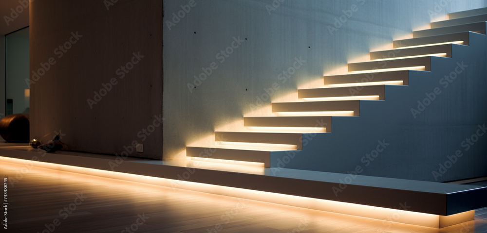 Minimalistic concrete stairs with integrated LED lighting, creating a futuristic ambiance. Minimalistic concrete stairs with integrated LED lighting, creating a futuristic ambiance.