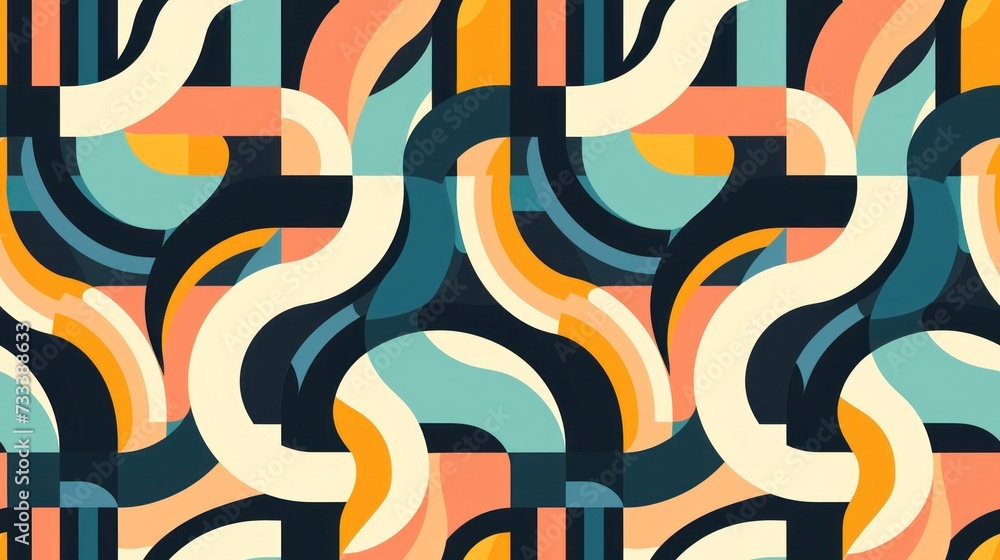  an abstract pattern with wavy shapes in blue, orange, yellow, and pink colors on a white background with a black outline in the middle of the bottom half of the image.