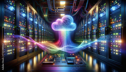 Vibrant data center with surreal psychic waves and dynamic lighting.