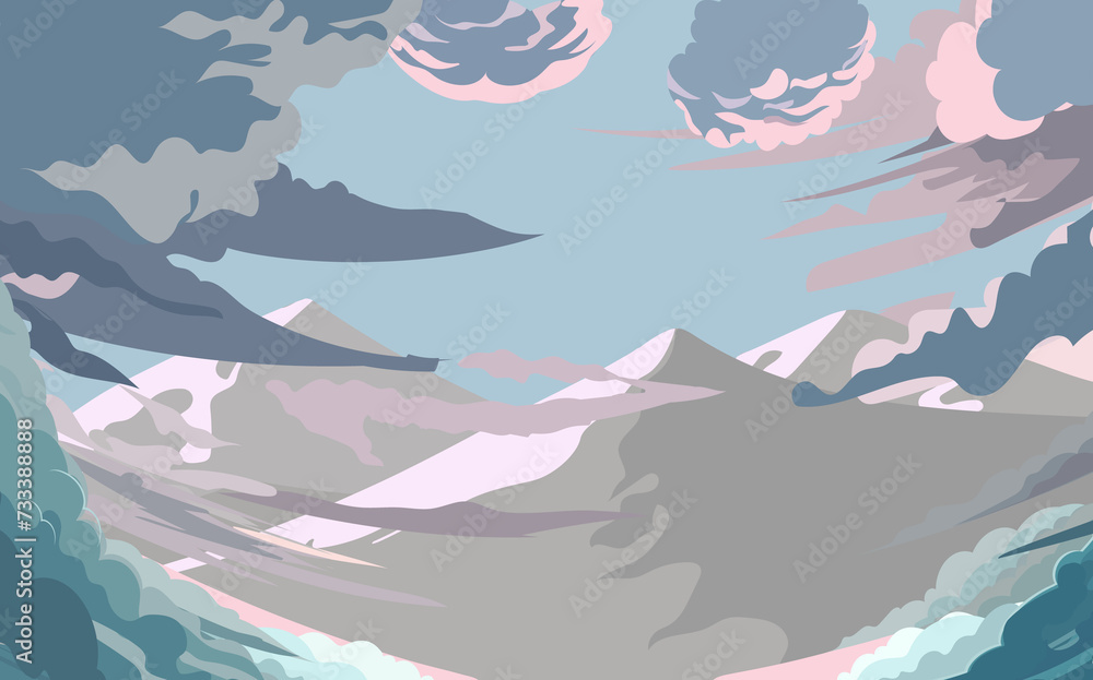 Cartoon dawn sky with pink and blue fluffy clouds. Beautiful cloudy landscape at sunset.
Cartoon dawn sky with pink and blue fluffy clouds. Beautiful cloudy landscape at sunset.