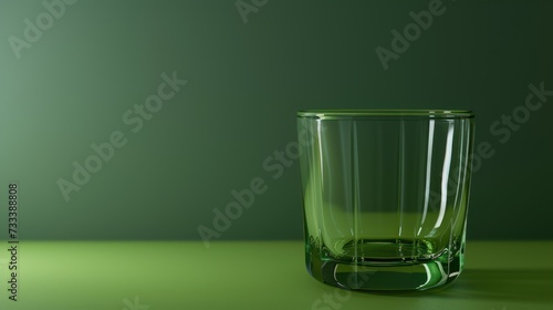  a green glass sitting on top of a green table next to a green wall and a green wall behind the glass is a half filled with water and half empty.
