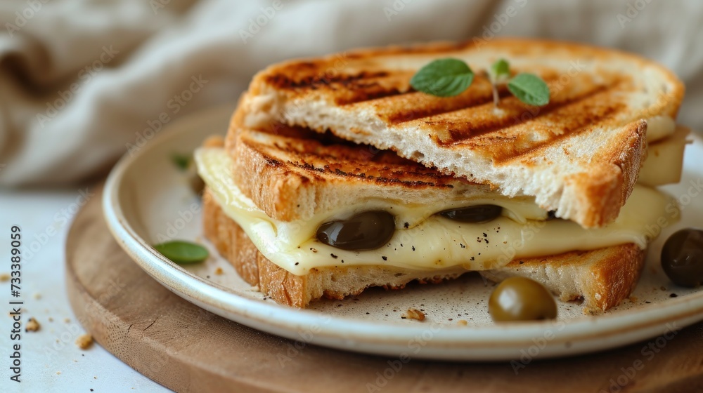 a grilled cheese and olive sandwich on a white plate with a wooden cutting board with a white towel in the background and a wooden cutting board with olives on it. a grilled cheese and olive sandwich on a white plate with a wooden cutting board with a white towel in the background and a wooden cutting board with olives on it.