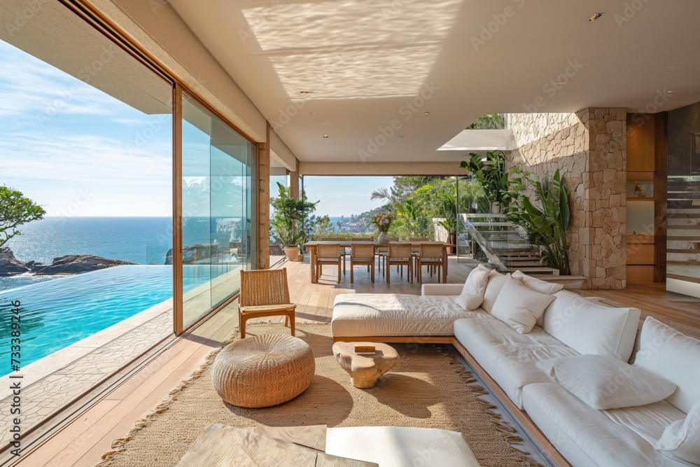 Superb, luxurious living room with lounge and dining table overlooking ...