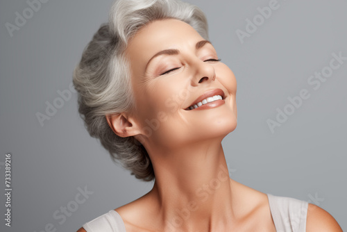gorgeous senior older woman with closed eyes touching her perfect face skin, beautiful portrait mid 50s aged woman, facial antiage lift skin care products, isolated on light grey background
