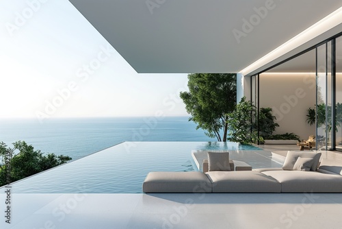 Luxury villa pool and outdoor lounge with sea view. Piscine d'une villa luxueuse et son salon extérieur avec vue mer.