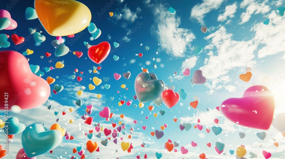 Fototapeta premium a bunch of heart shaped balloons floating in the air with a blue sky and clouds in the background with a few clouds in the sky and a few heart shaped balloons in the foreground.