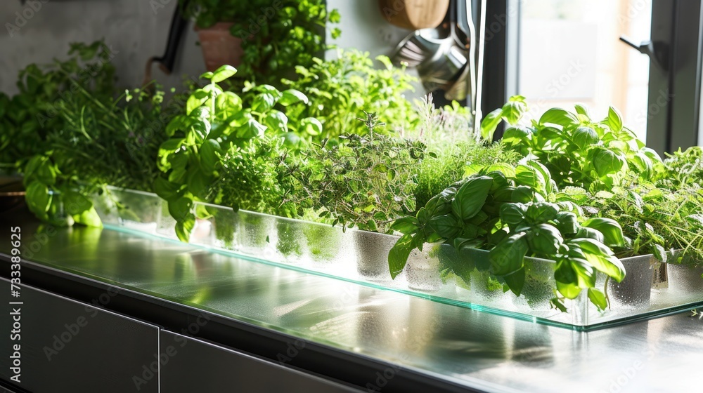 Fototapeta premium a row of green plants sitting on top of a metal counter next to a potted plant on top of a window sill next to a potted plant.
