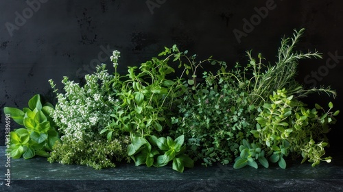  a bunch of different types of herbs sitting on a counter top in front of a black wall with a green leafy plant in the middle of the top of the picture.