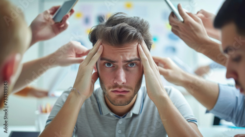 young man looking stressed or overwhelmed, holding his head with his hands while surrounded by other people who are busy with their mobile phones and papers