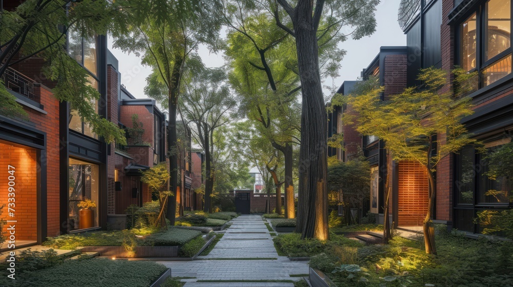 a street lined with trees and plants next to a building with a walkway leading to the front of the building and a walkway leading to the back of the building. a street lined with trees and plants next to a building with a walkway leading to the front of the building and a walkway leading to the back of the building.