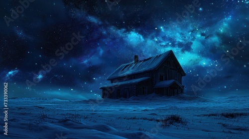  a house sitting in the middle of a snow covered field under a night sky filled with stars and a lot of snow on top of the ground is covered with snow.